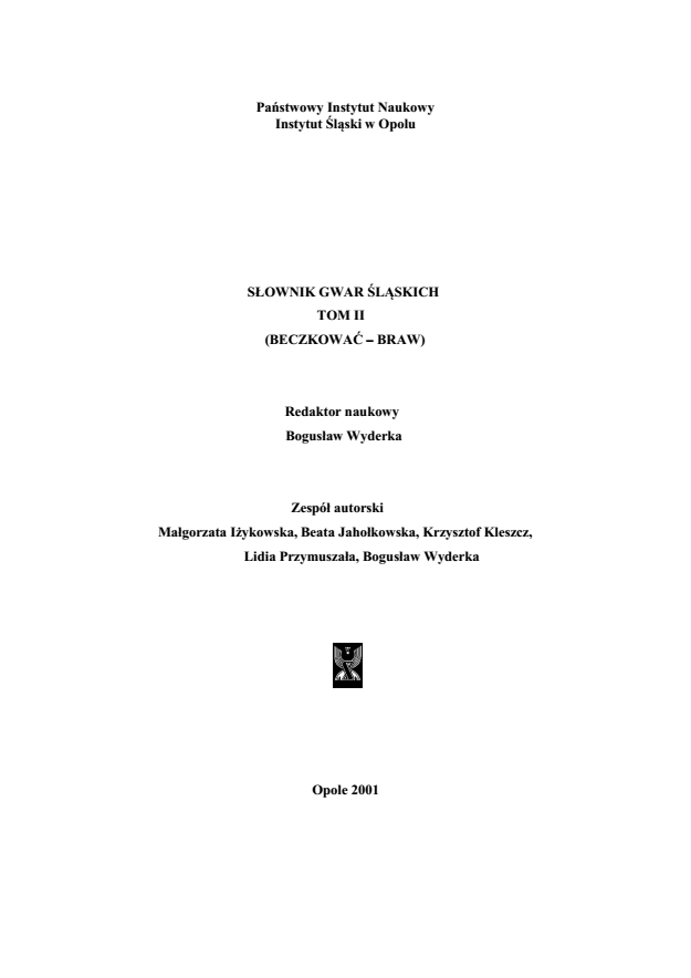 A Dictionary of Silesian Dialects, volume II (BECZKOWAĆ-BRAW)