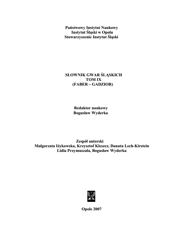 A Dictionary of Silesian Dialects, volume IX (FABER - GADZIOR)