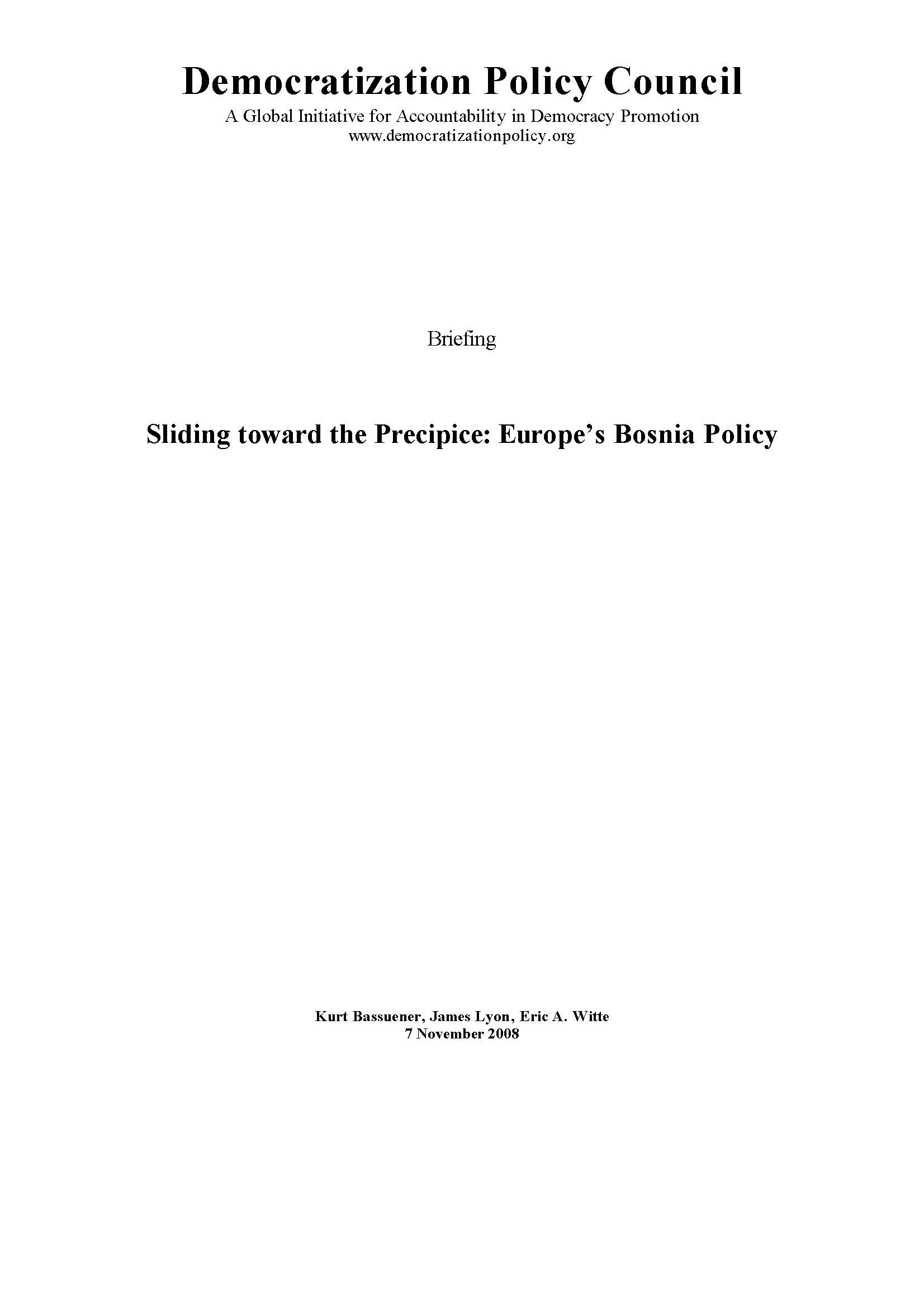 №02 DPC POLICY BRIEFS: Sliding toward the Precipice: Europe’s Bosnia Policy. Cover Image