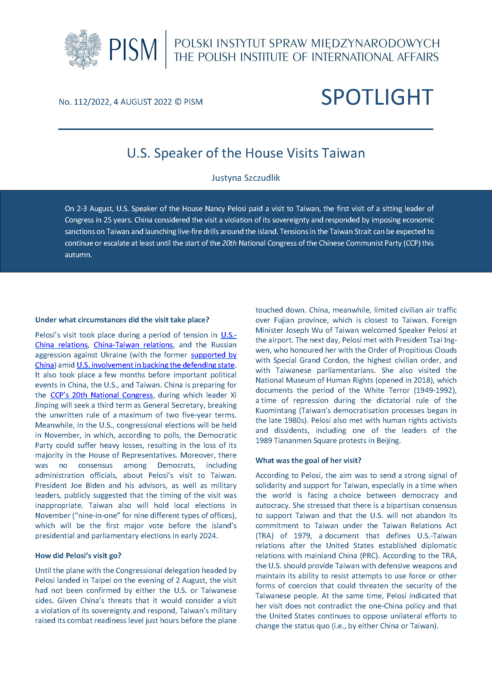 U.S. Speaker of the House Visits Taiwan