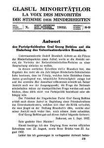 Glasul Minorităţilor. La Voix des Minorités. Die Stimme der Minderheiten. 1932-08+09