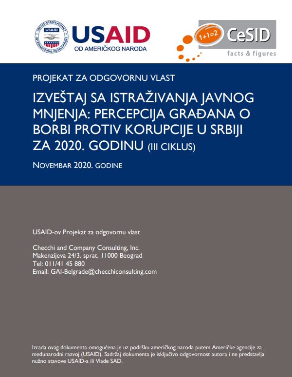 IZVEŠTAJ SA ISTRAŽIVANJA JAVNOG MNJENJA: PERCEPCIJA GRAĐANA O BORBI PROTIV KORUPCIJE U SRBIJI ZA 2020. GODINU (III CIKLUS)
