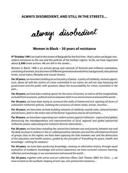 Always disobedient, and still in the streets... Women in black - 30 years of resistance