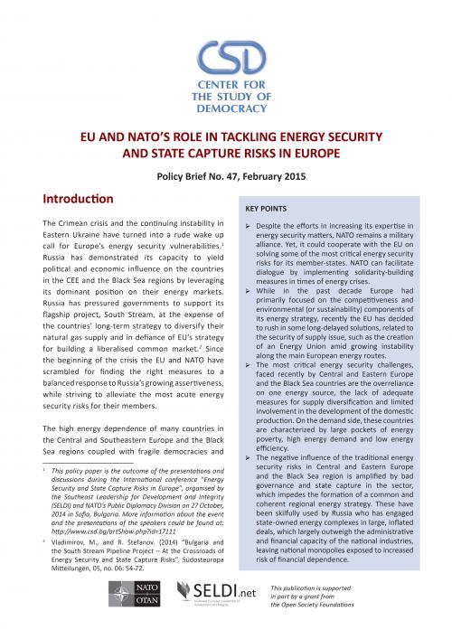 CSD Policy Brief No. 47: EU and NATO's role in tackling energy security and state capture risks in Europe Cover Image