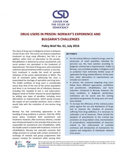 CSD Policy Brief No. 61: Drug Users in Prisons: Norway's Experiences and Bulgaria's Challenges Cover Image