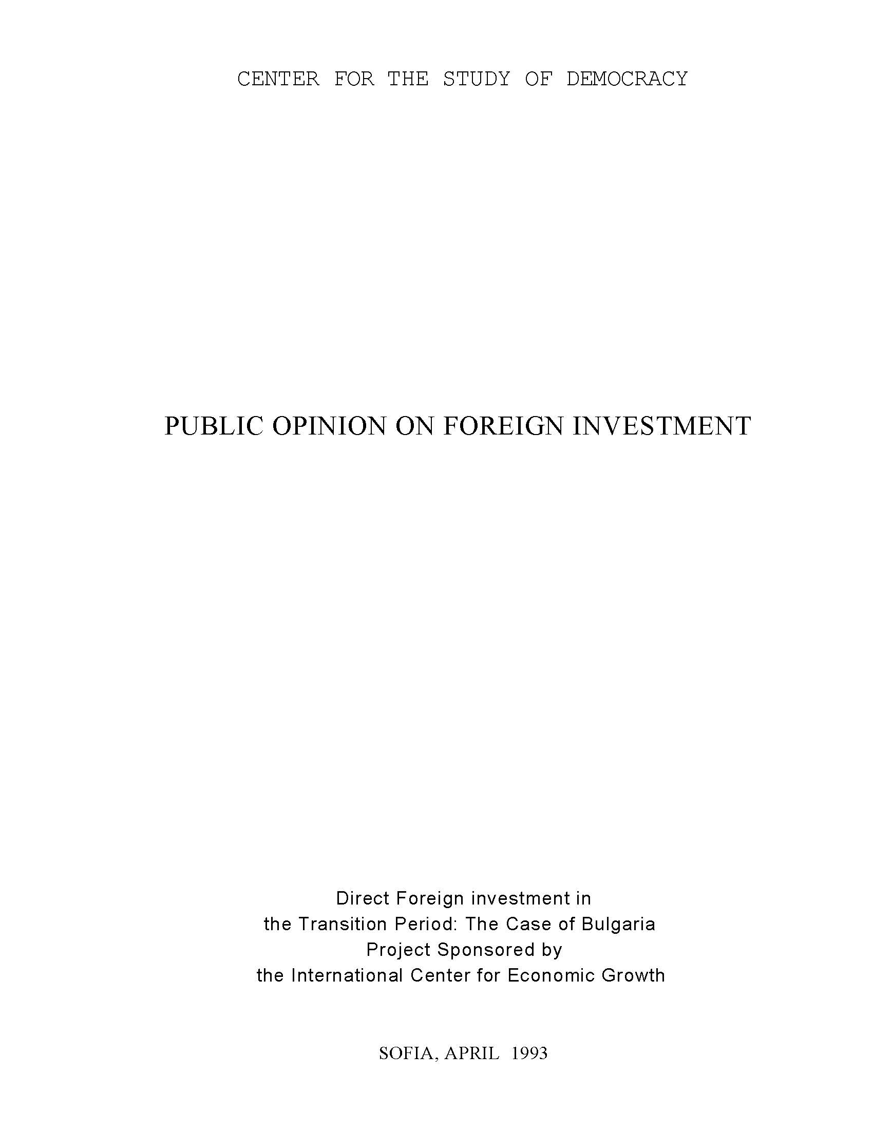 Public Opinion on Foreign Investment, April 1993 Cover Image