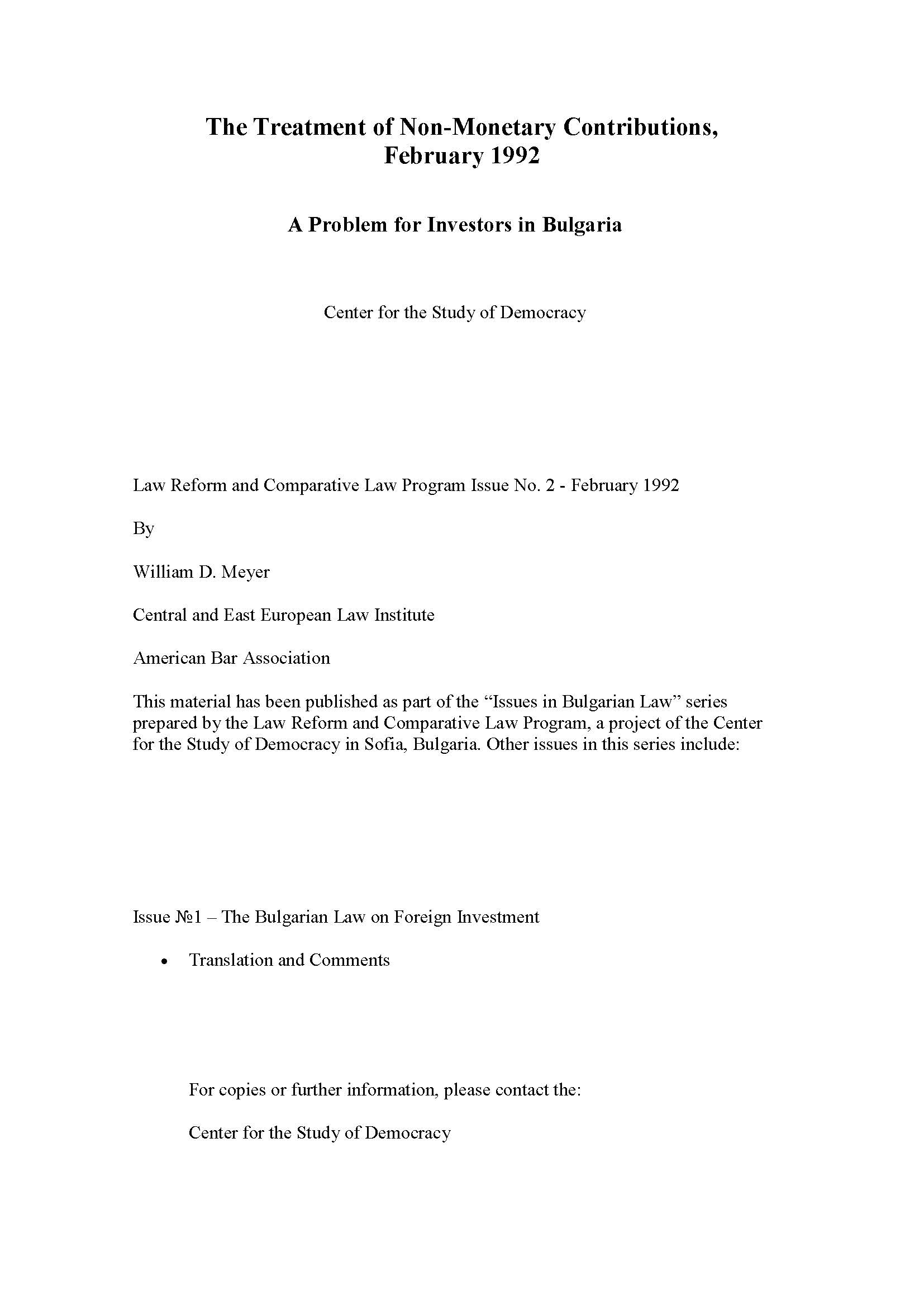 The Treatment of Non-Monetary Contributions, February 1992