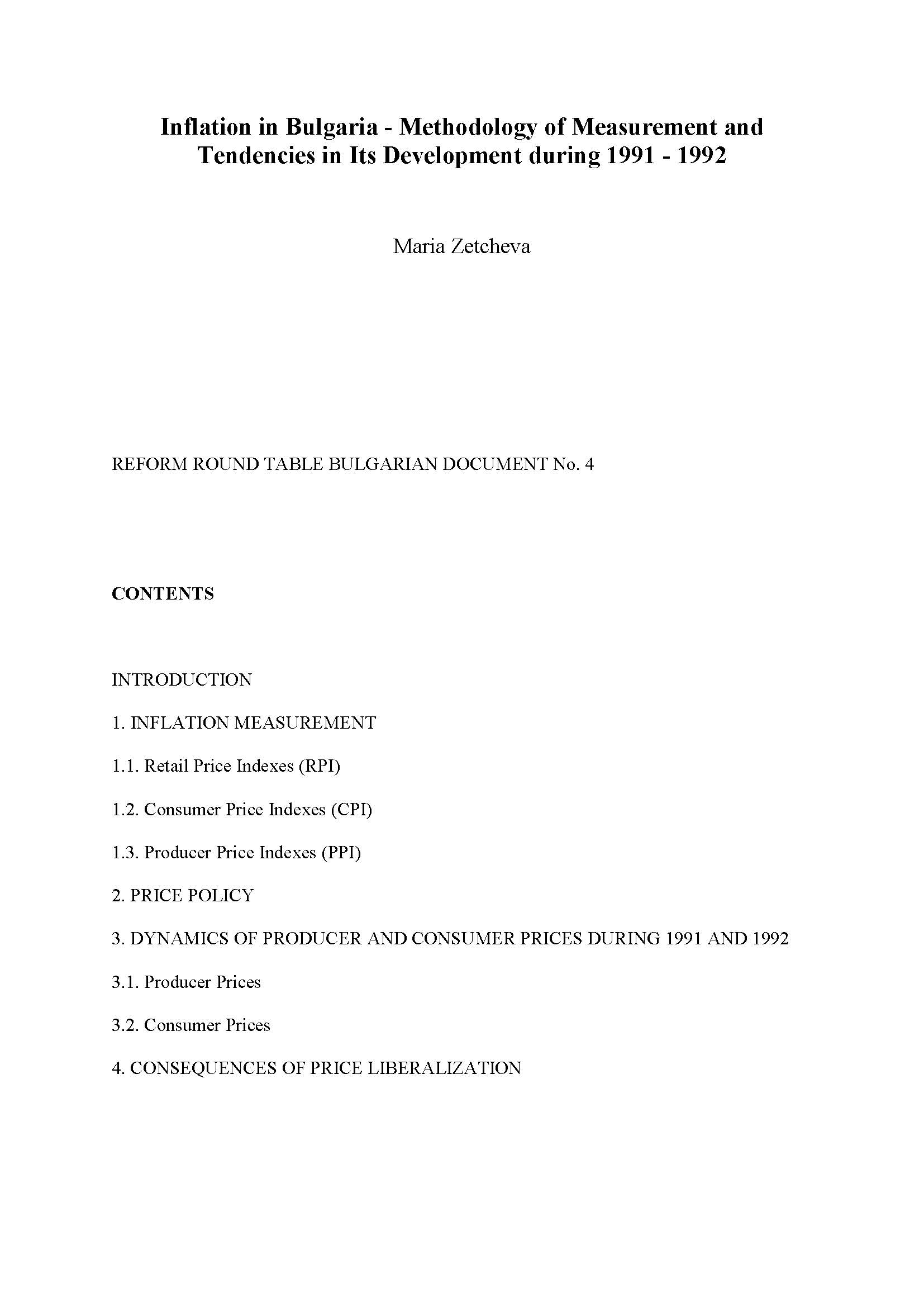 Inflation in Bulgaria - Methodology of Measurement and Tendencies in Its Development during 1991 - 1992