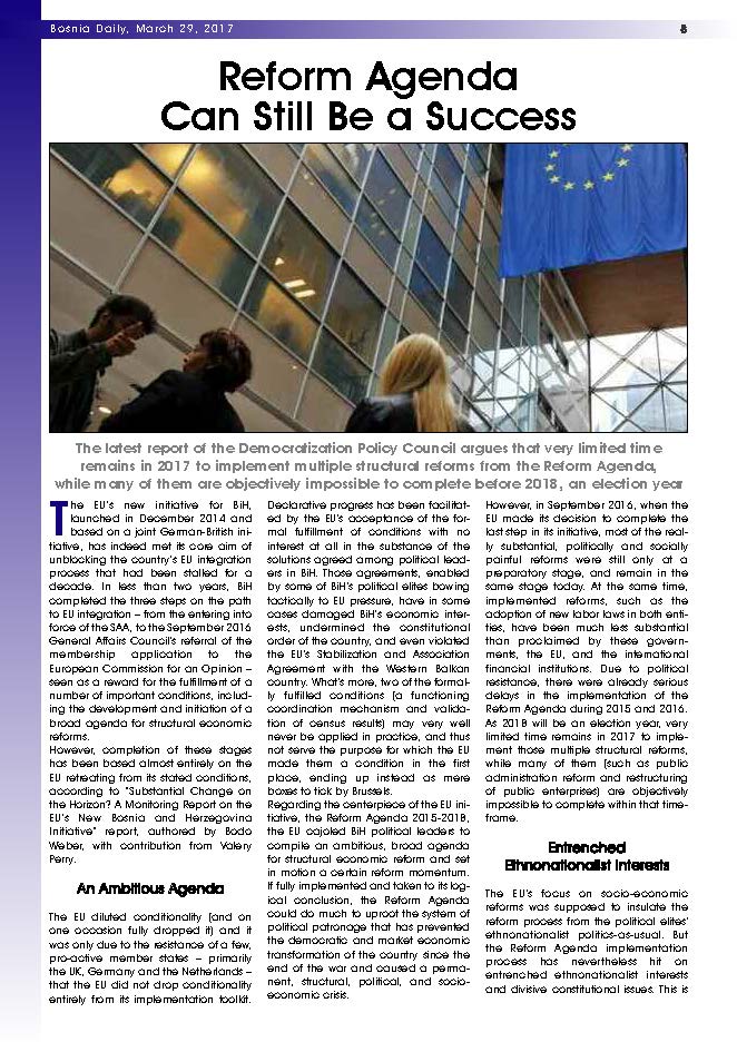 DPC BOSNIA DAILY: Reform Agenda Can Still Be a Success