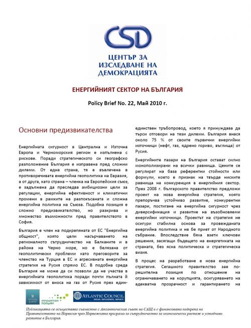 CSD Policy Brief No. 22: Energy Sector in Bulgaria Cover Image