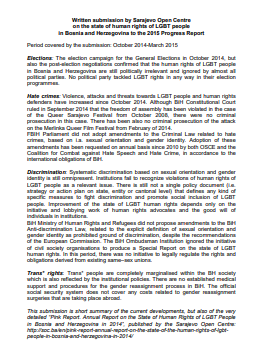 Written submission by Sarajevo Open Centre on the state of human rights of LGBT people in Bosnia and Herzegovina to the 2015 Progress Report