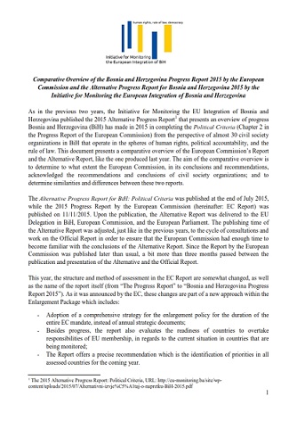 Comparative Overview of the Bosnia and Herzegovina Progress Report 2015 by the European Commission and the Alternative Progress Report for Bosnia and Herzegovina 2015 by the Initiative for Monitoring the European Integration of Bosnia and Herzegovina Cover Image