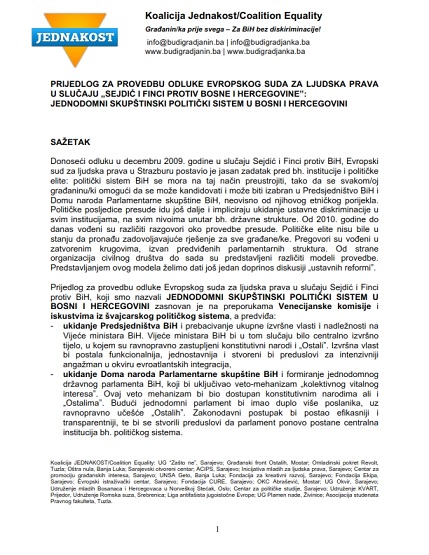 Proposal for Implementation of the decision of European Court of Human Rights in the Case of "Sejdić and Finci vs. Bosnia and Herzegovina": a Unicameral Parliamentary Political System in Bosnia and Herzegovina