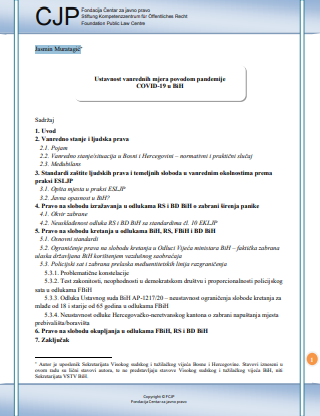 Constitutionality of emergency measures and legal consequences of COVID-19 pandemic in BiH Cover Image