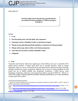 Criminal liability for spreading infectious diseases and criminal proceedings in the F BiH based on the example of COVID-19: analysis of positive and proposed legal provisions Cover Image