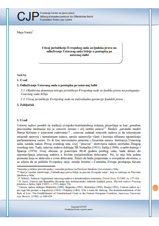 Impact of the Jurisdiction of the European Court of Human Rights on the Decisions of the Constitutional Court of Serbia in the Procedure of Constitutional Appeal Cover Image