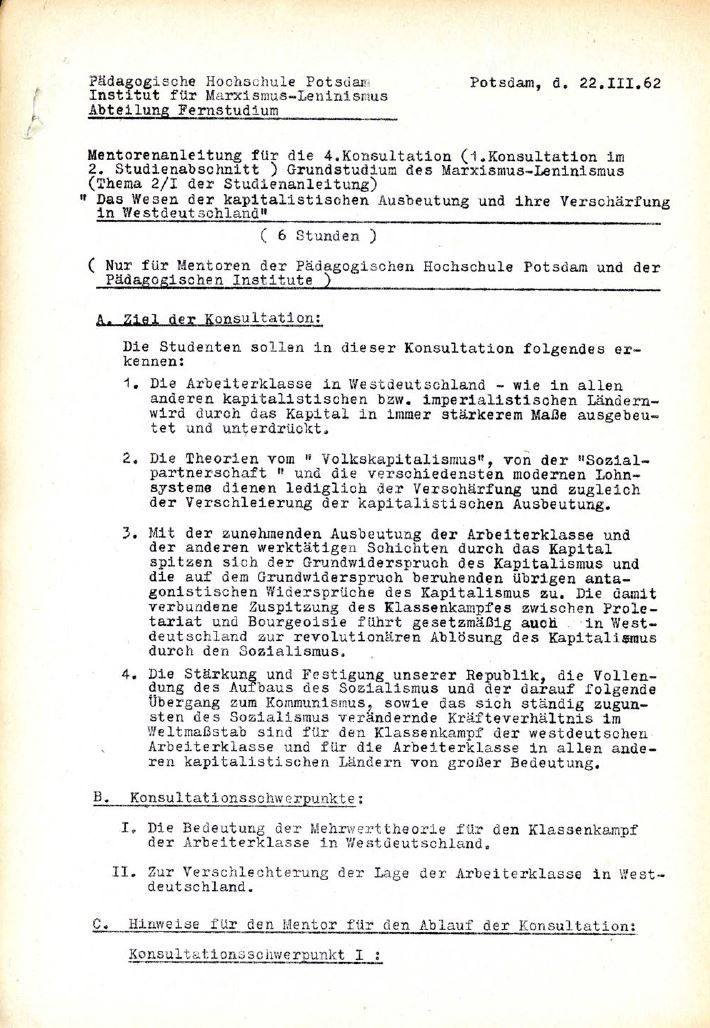 Dokumentation der Zeit 1960 / 217 – BEILAGE: Mentorenanleitung der Pädagogischen Hochschule Potsdam für die 4.Konsultation
