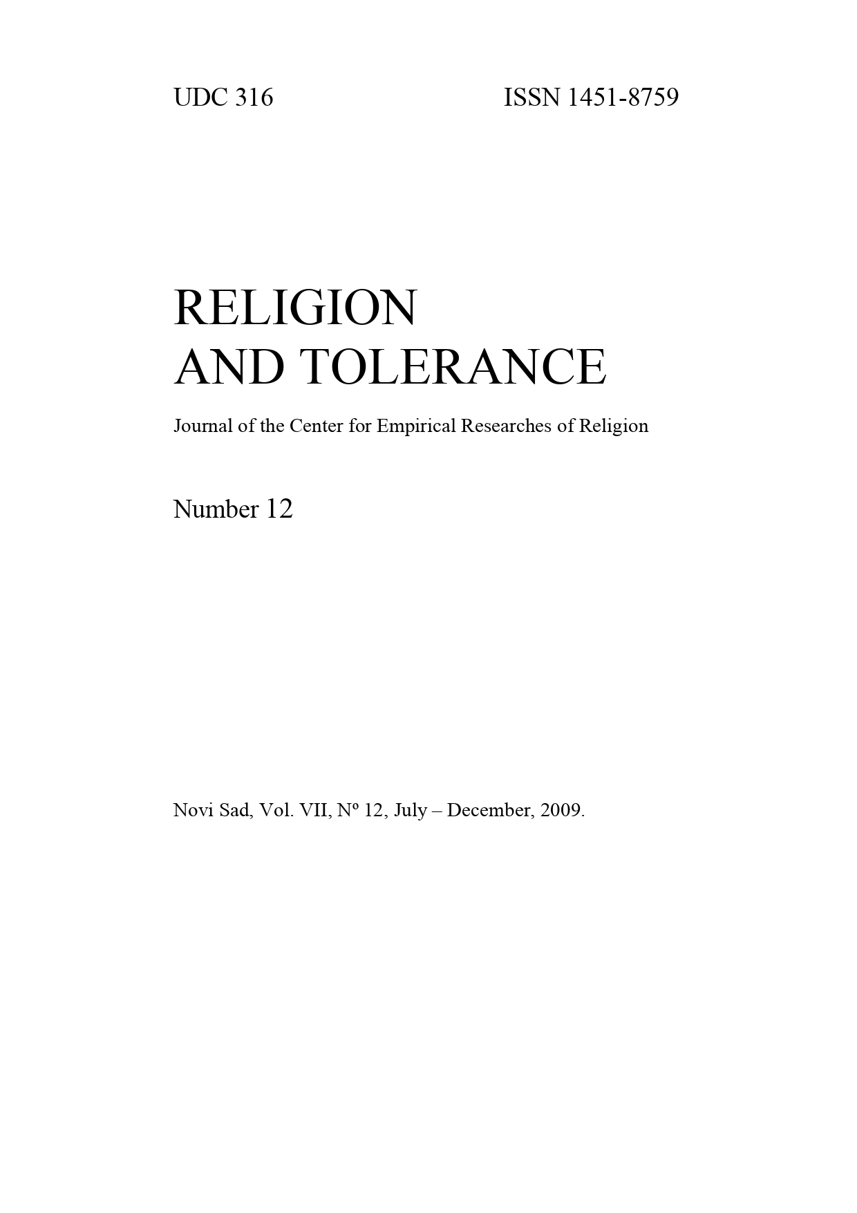 ADOLESCENTS’ RELIGIOUSNESS IN THE NORTH OF KOSOVO Cover Image