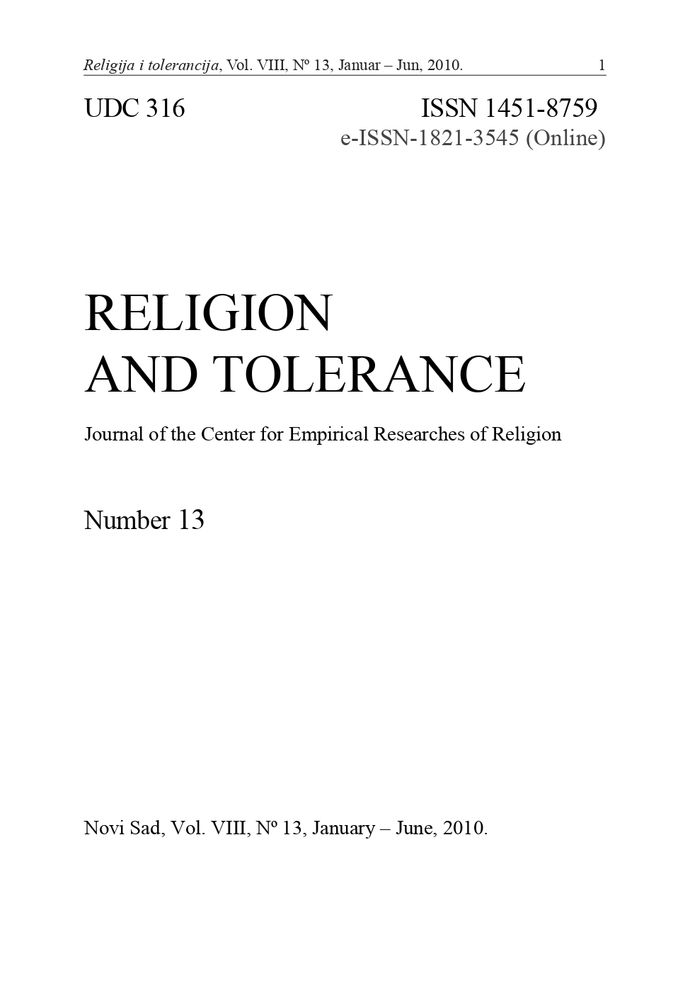 CONNECTION BETWEEN RELIGIOSITY AND RELIGIOUS KNOWLEDGE OF SECONDARY SCHOOL YOUTH Cover Image