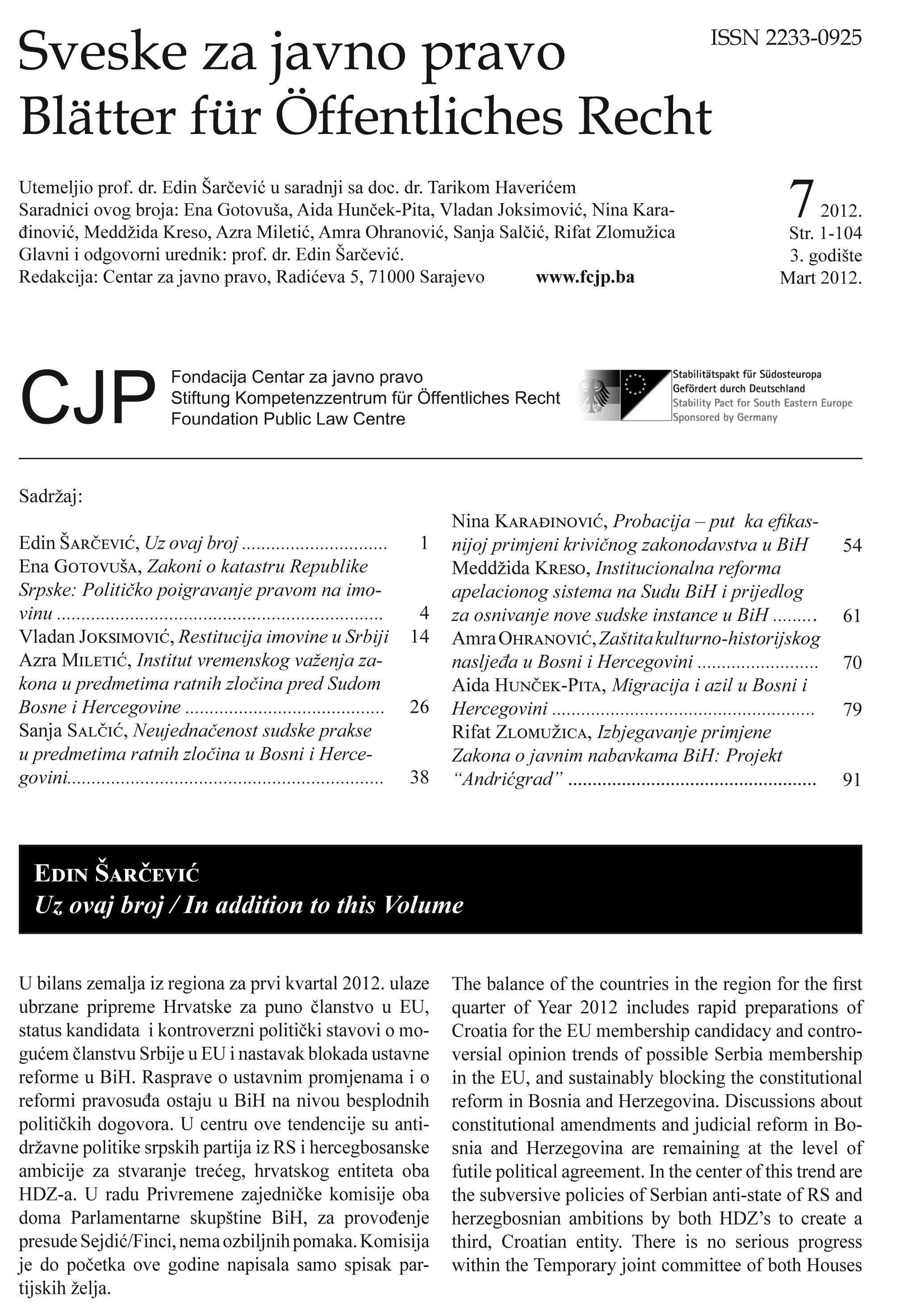 Laws on cadastre of Republika Srpska: Political gambling with property rights Cover Image
