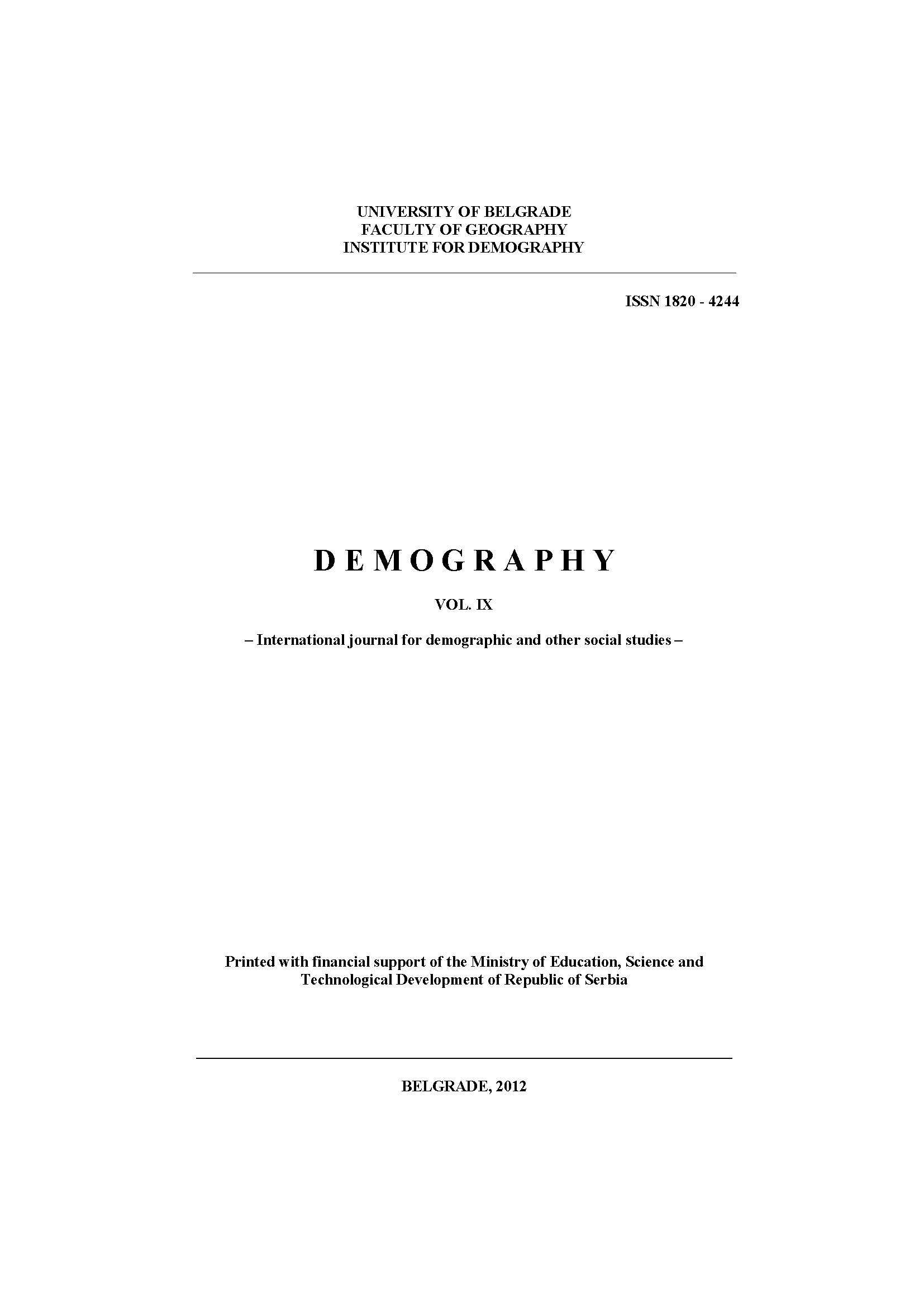 Changes in Mortality of the Republika Srpska Population in the Period 1996 to 2010 – Causes and Consequences Cover Image