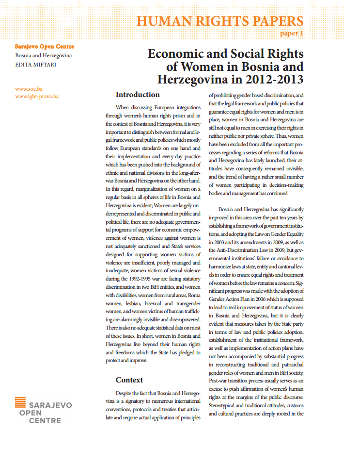 Economic and Social Rights of Women in Bosnia and Herzegovina in 2012-2013 Cover Image