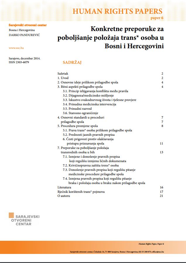 Konkretne preporuke za poboljšanje položaja trans* osoba u Bosni i Hercegovini