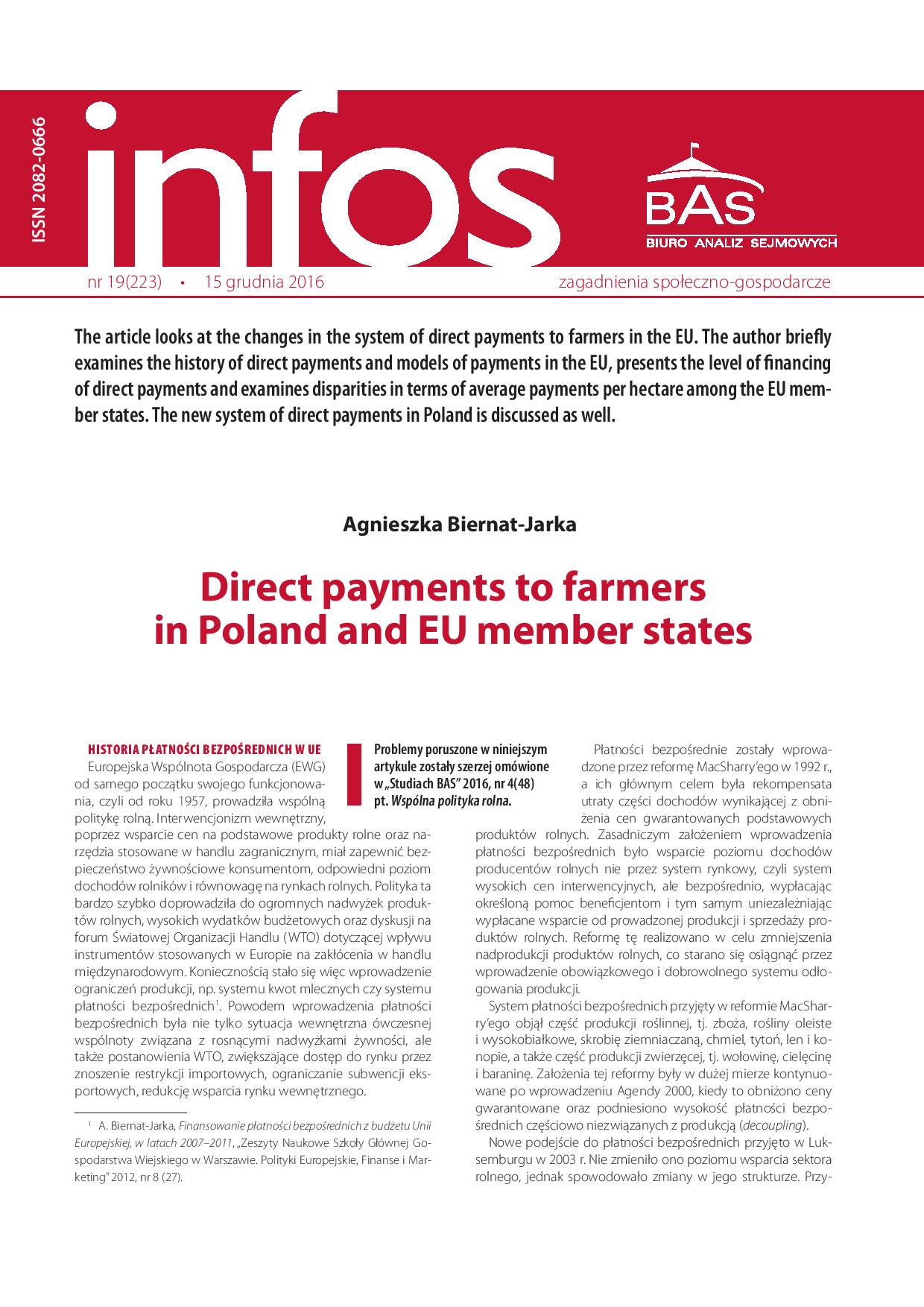 Direct payments to farmers in Poland and EU member states Cover Image