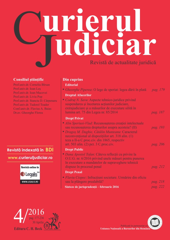 Technical and legal aspects regarding suspension and termination of legal proceedings, and extrajudicial enforcement measures in the light of art. 75 of Law no. 85/2014 Cover Image