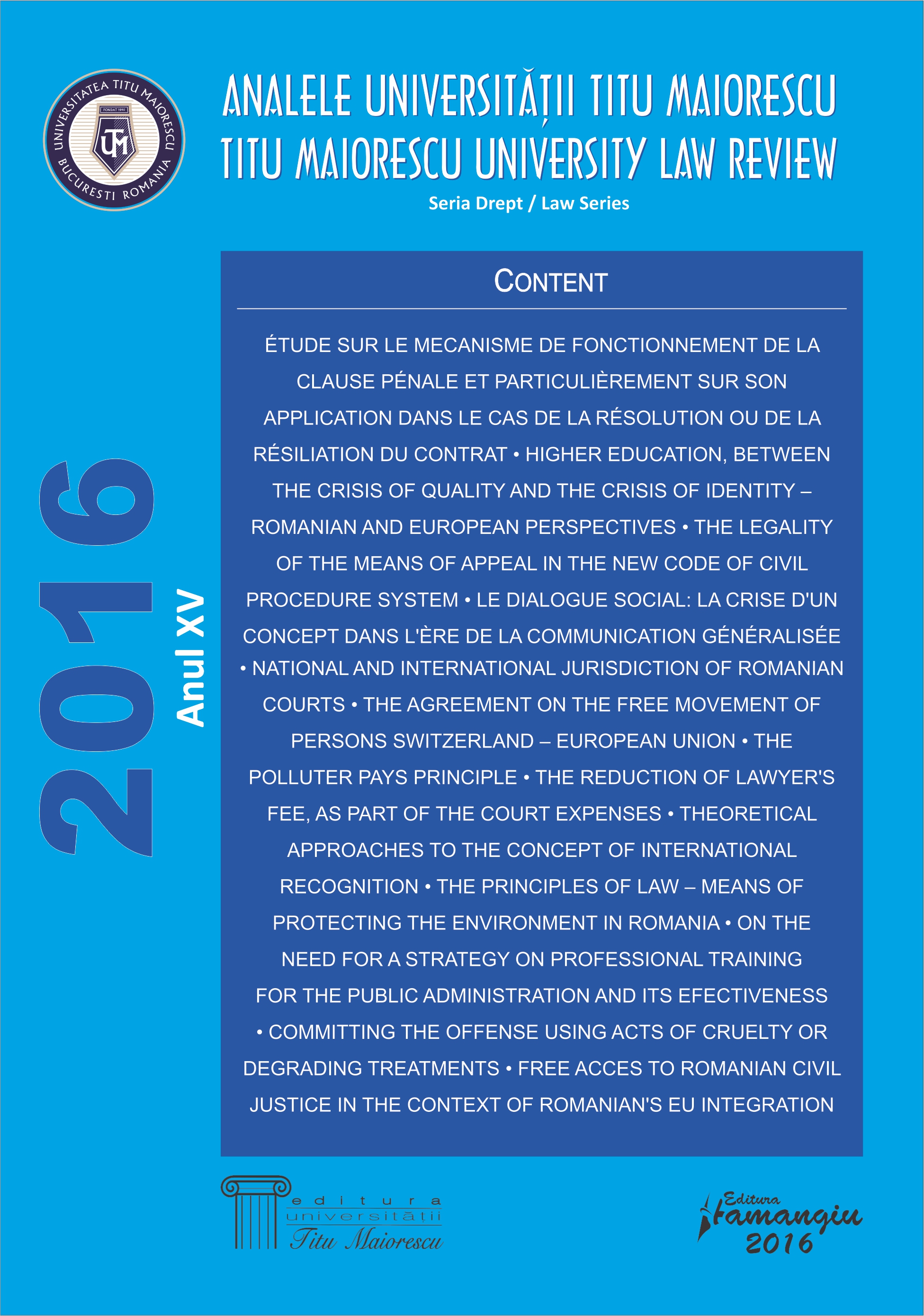 STUDY ON THE OPERATING MECHANISM OF THE CRIMINAL CLAUSE AND PARTICULARLY ON ITS APPLICATION IN THE CASE OF RESOLUTION OR TERMINATION OF THE CONTRACT Cover Image