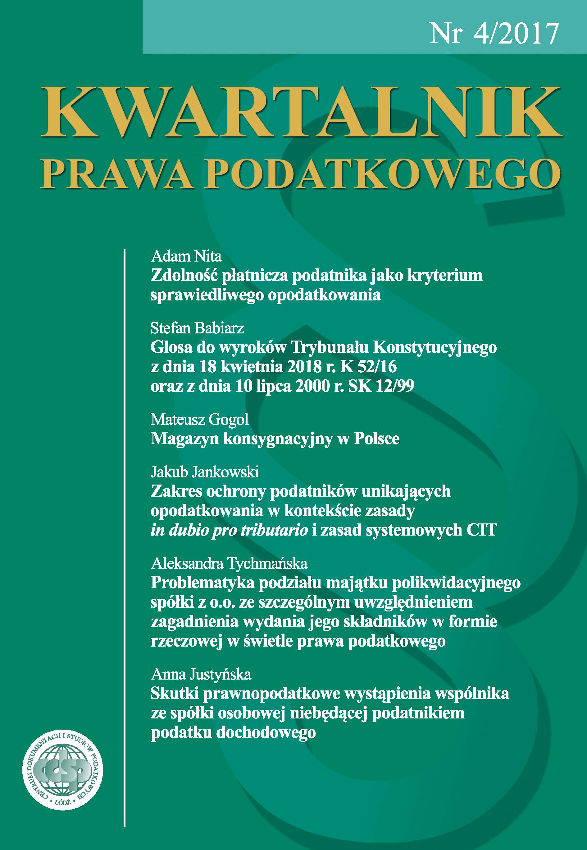 Problematyka podziału majątku polikwidacyjnego spółki z o.o. ze szczególnym uwzględnieniem zagadnienia wydania jego składników w formie rzeczowej w świetle prawa podatkowego