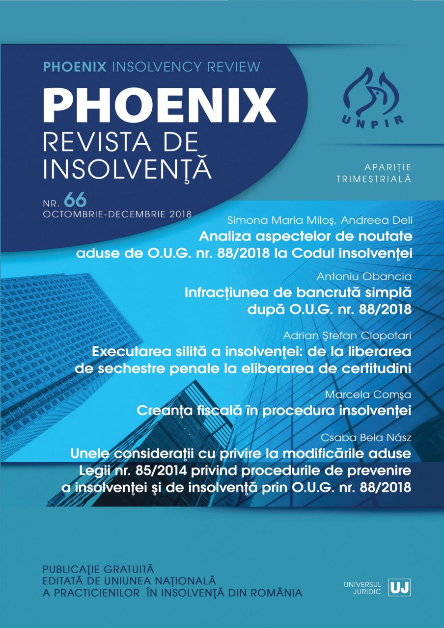 SOME CONSIDERATIONS REGARDING THE AMENDMENTS TO LAW NO. 85/2014 ON INSOLVENCY AND INSOLVENCY PREVENTION PROCEDURES BROUGHT BY GEO NO. 88/2018 Cover Image