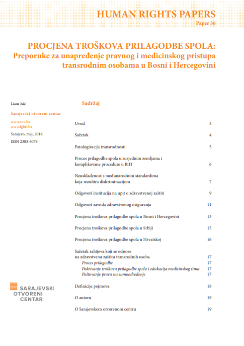 PROCJENA TROŠKOVA PRILAGODBE SPOLA: Preporuke za unapređenje pravnog i medicinskog pristupa transrodnim osobama u Bosni i Hercegovini