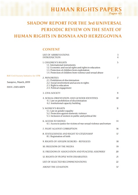 Shadow Report for the 3rd Universal Periodic Review on the State of Human Rights in Bosnia and Herzegovina Cover Image