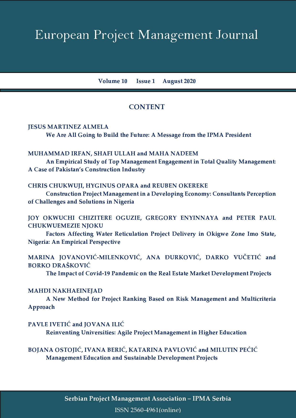 FACTORS AFFECTING WATER RETICULATION PROJECT DELIVERY IN OKIGWE ZONE IMO STATE, NIGERIA: AN EMPIRICAL PERSPECTIVE Cover Image