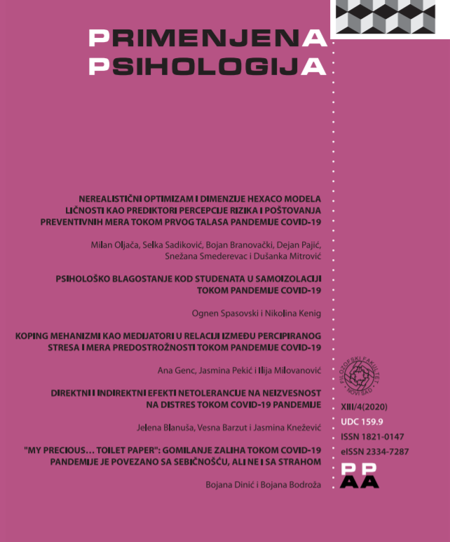 NEREALISTIČNI OPTIMIZAM I DIMENZIJE HEXACO MODELA LIČNOSTI KAO PREDIKTORI PERCEPCIJE RIZIKA I POŠTOVANJA PREVENTIVNIH MERA TOKOM PRVOG TALASA PANDEMIJE COVID-19 Cover Image