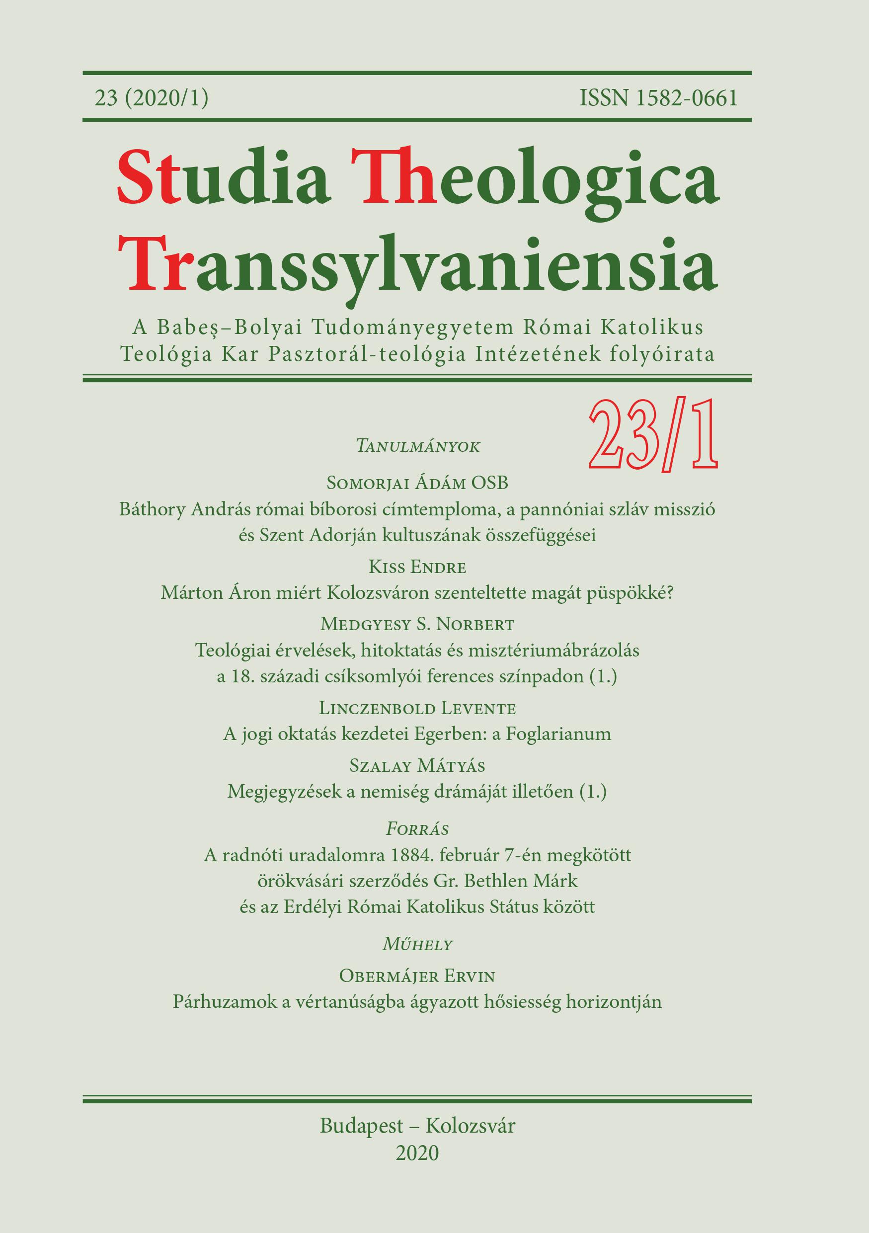 Theological argumentations, religious education, and mystery representation on the Franciscan stage of Csíksomlyó in the 18th century (1.) Cover Image