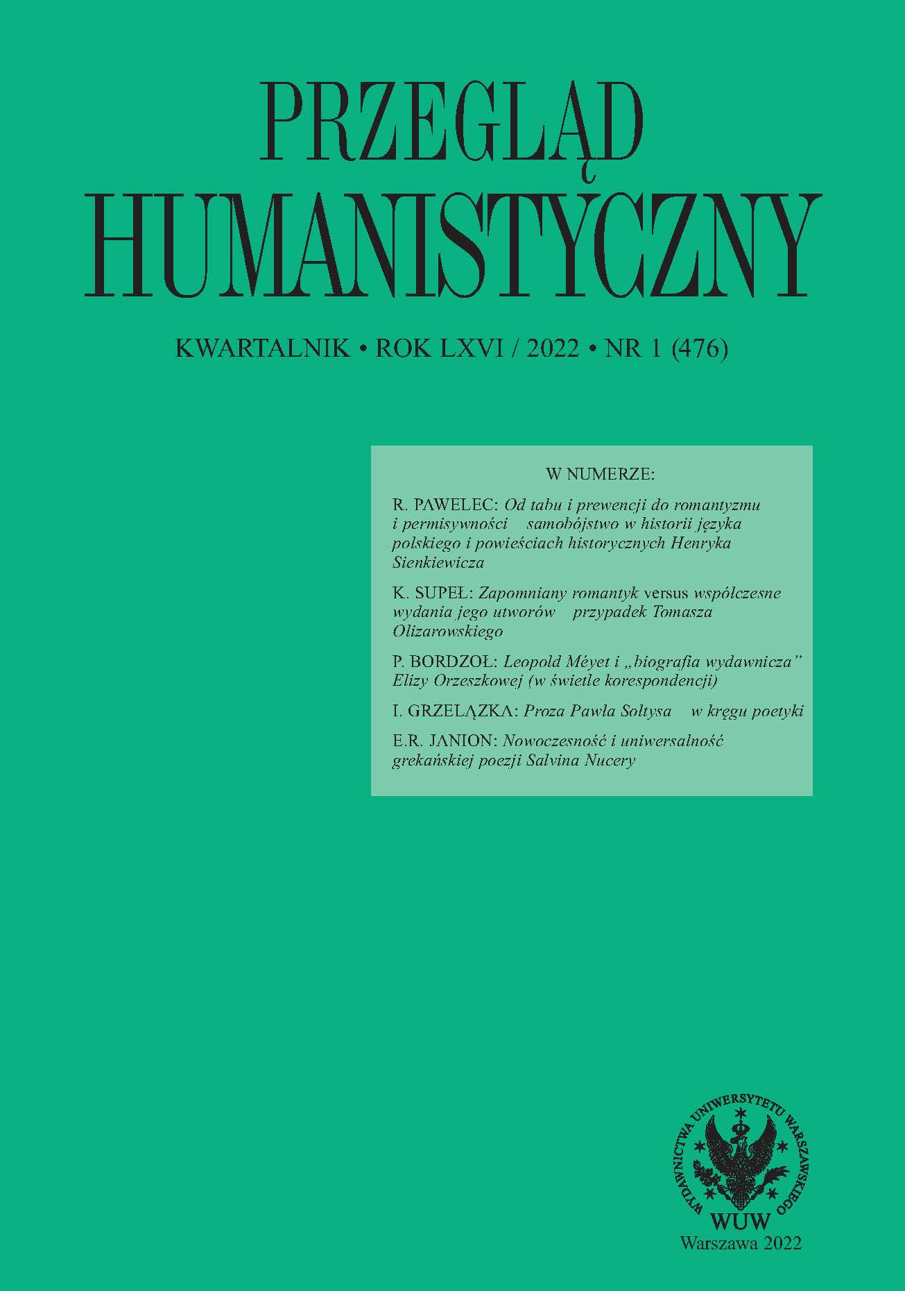 Leopold Méyet and Eliza Orzeszkowa’s „Publishing Biography” (Epistolographic Comparisons) Cover Image