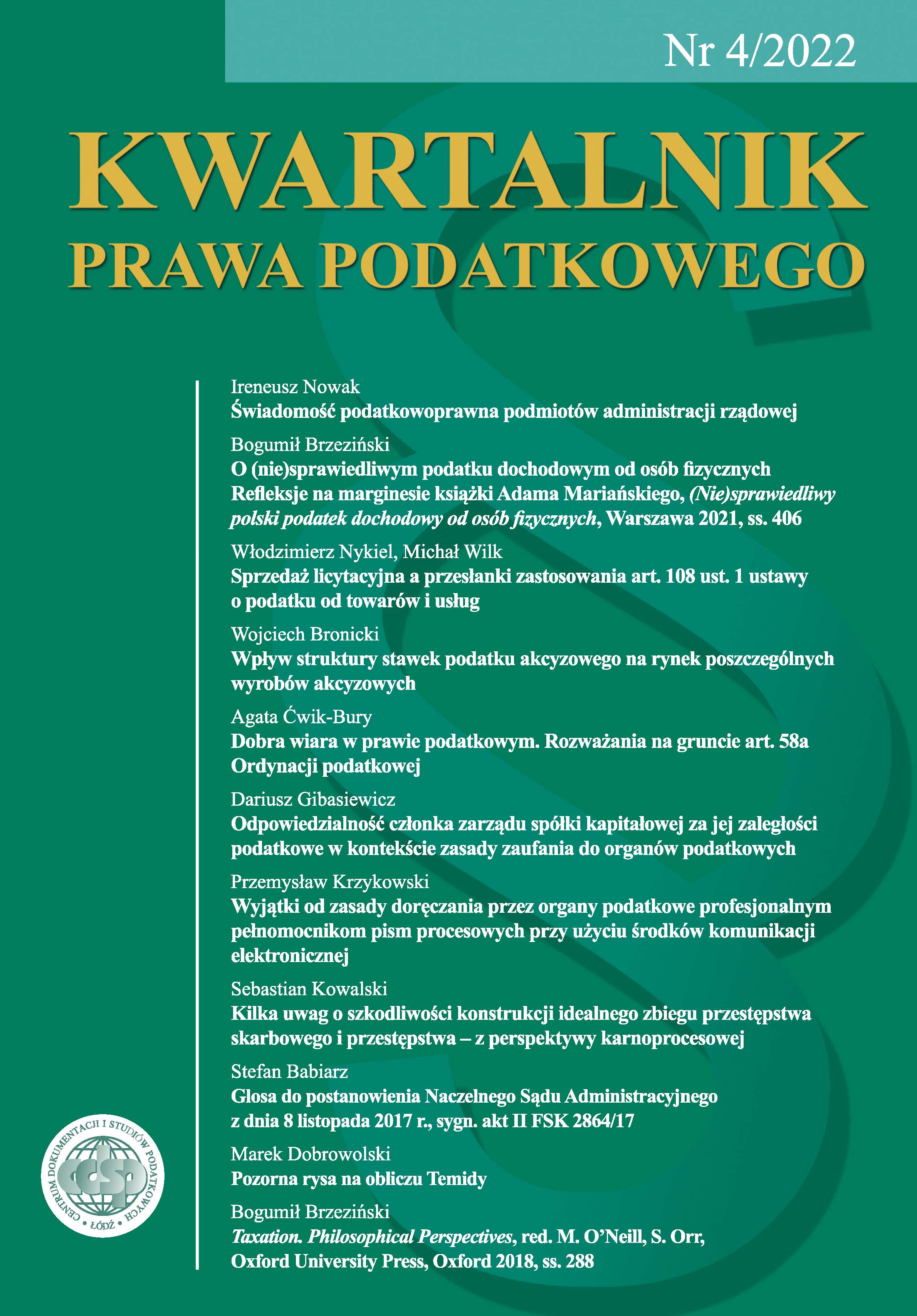 The liability of the member of the management board of company for company’s tax arrears in the light of the principle of credibility for tax authorities Cover Image