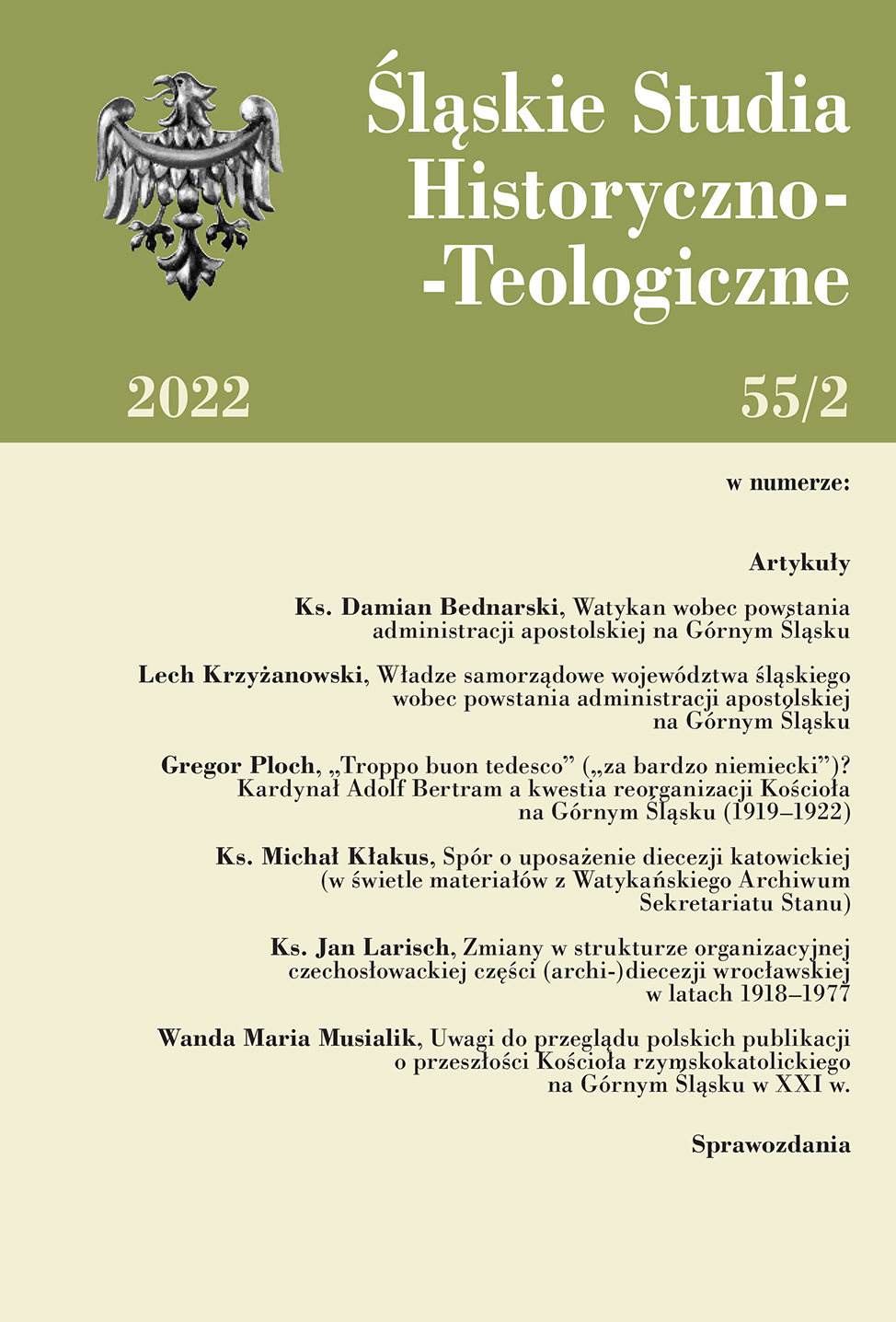 CHANGES IN THE ORGANISATIONAL STRUCTURE
OF THE CZECHOSLOVAKIAN PART OF THE (ARCH)DIOCESE OF WROCŁAW IN THE YEARS 1918–1977 Cover Image