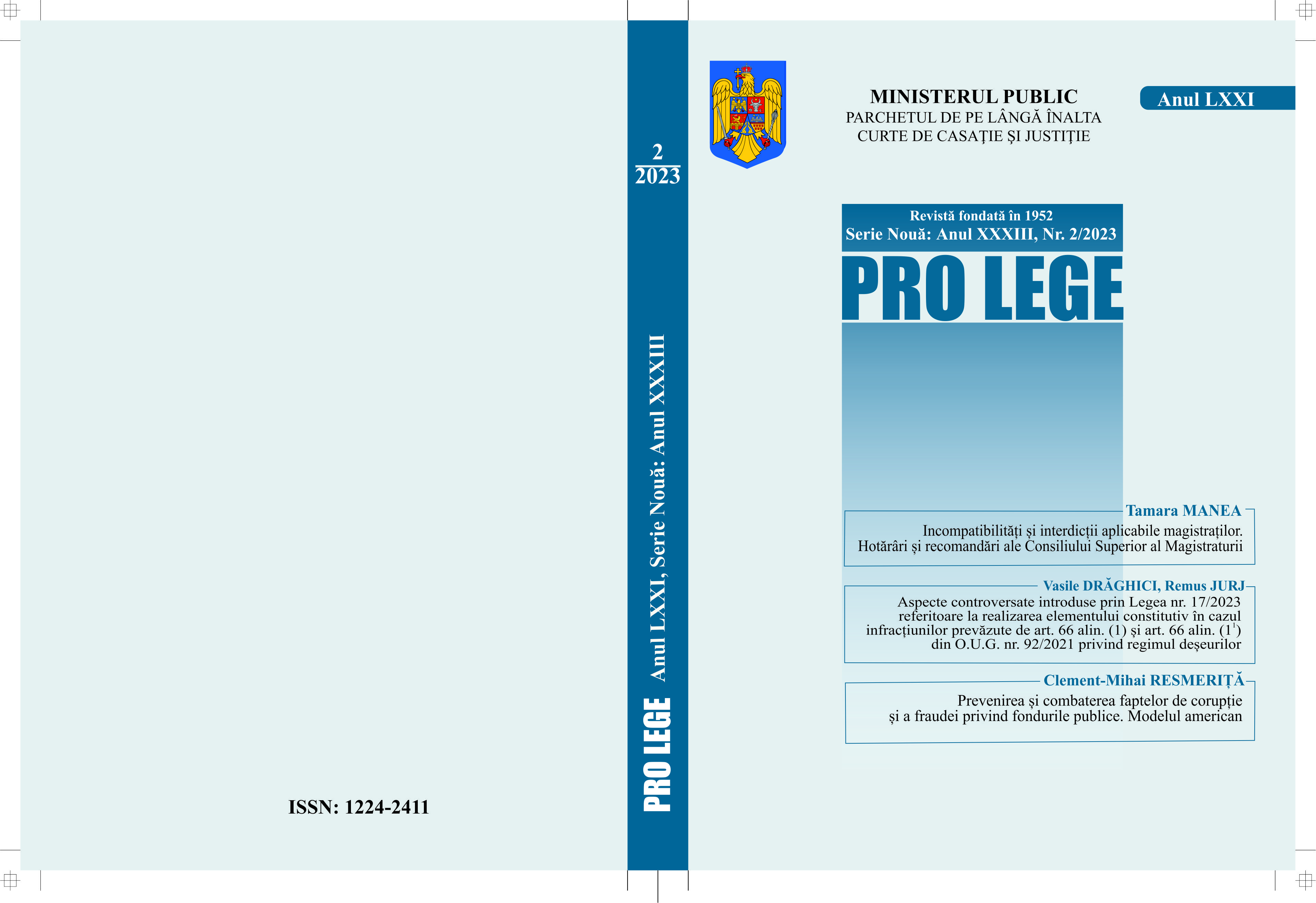 Organization, management and control of the activity of prosecutors, at the Prosecutor's Office attached to the Court of Appeal Târgu Mureș, during 2017-2022 Cover Image