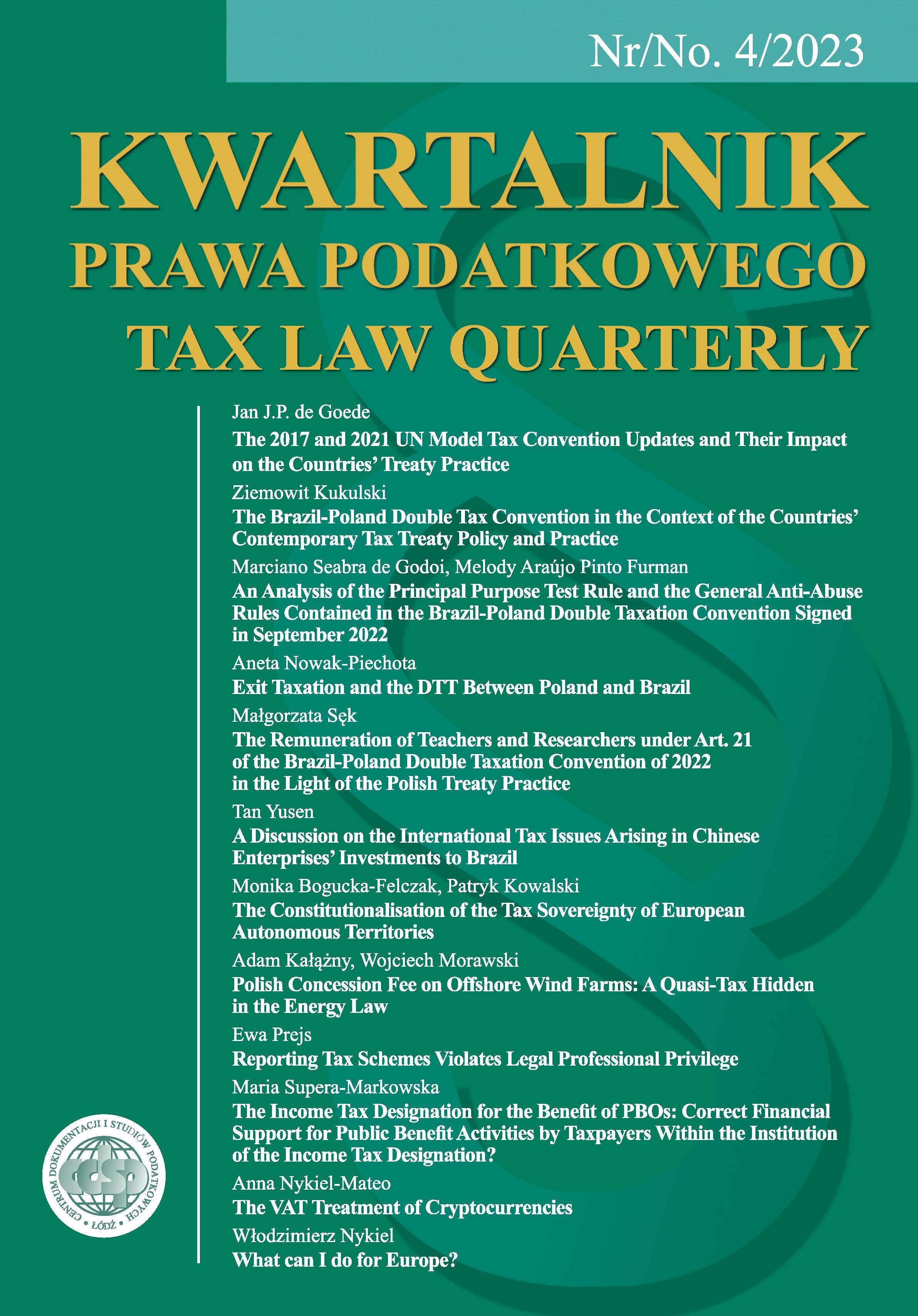 The Remuneration of Teachers and Researchers under Art. 21 of the Brazil-Poland Double Taxation Convention of 2022 in the Light of the Polish Treaty Practice Cover Image